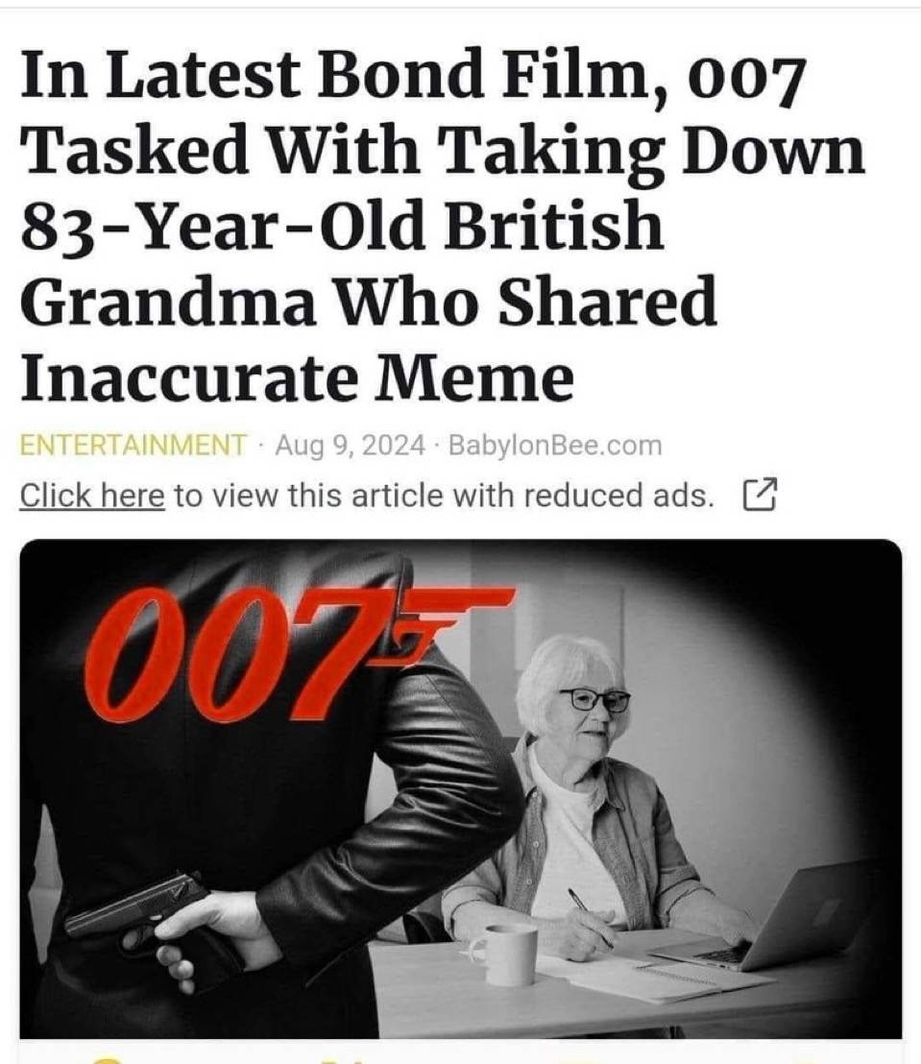 007 taking down a british grandma for sharing inaccurate meme