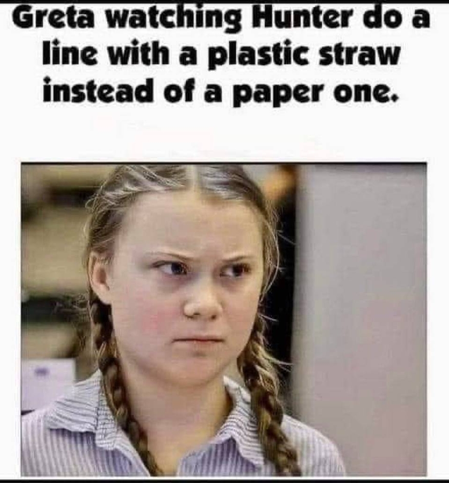 Greta watchign Hunter do a line with a plastic straw instead of a paper one