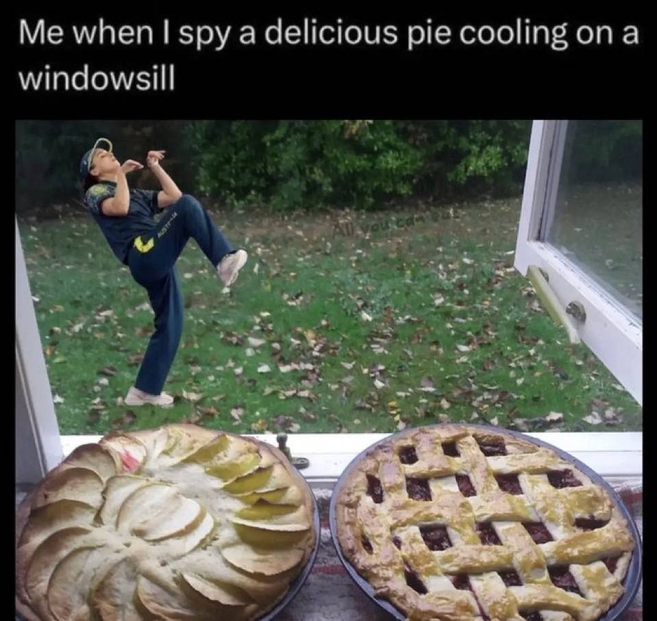 Me when I spy a delicious pie cooling on a windowsill
