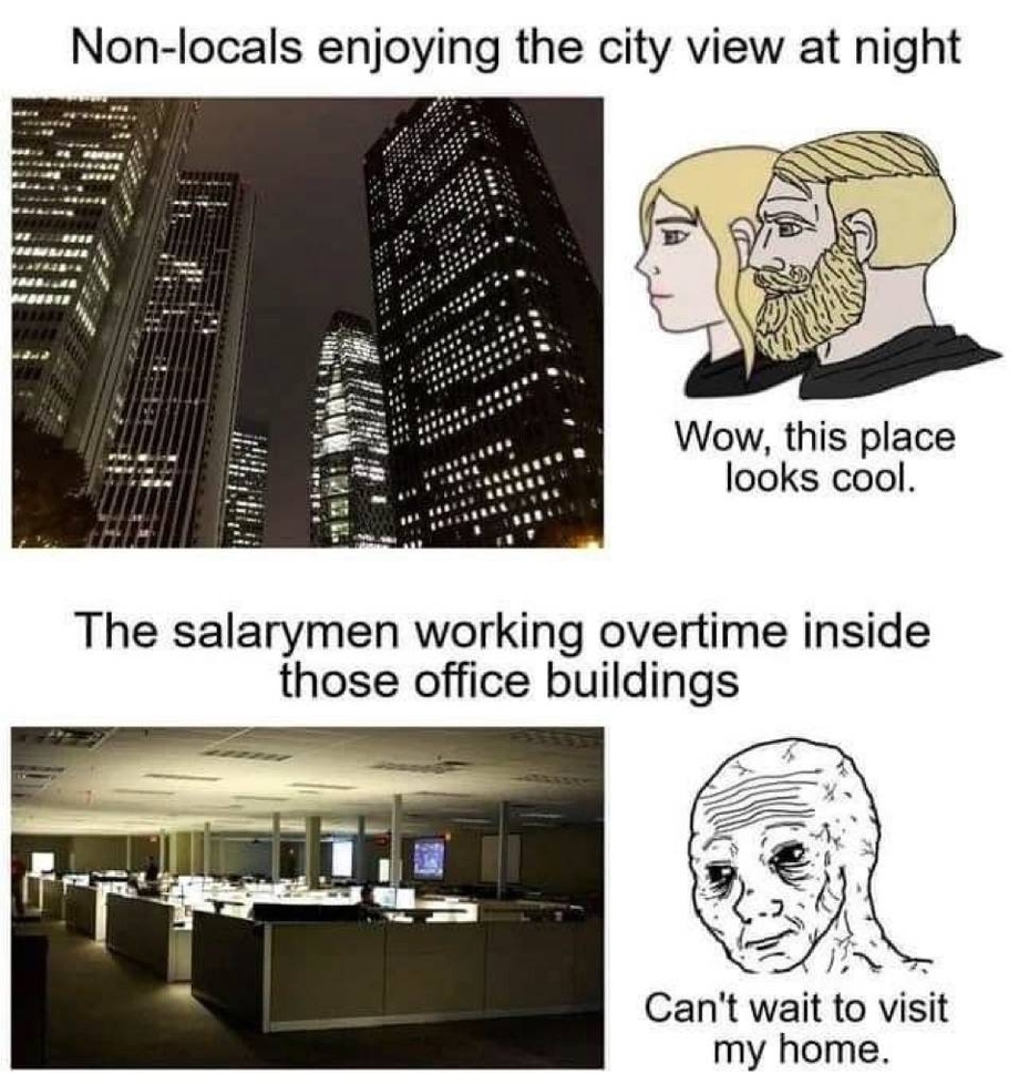 Non locals enjoying the city view at night vs. those working overtime