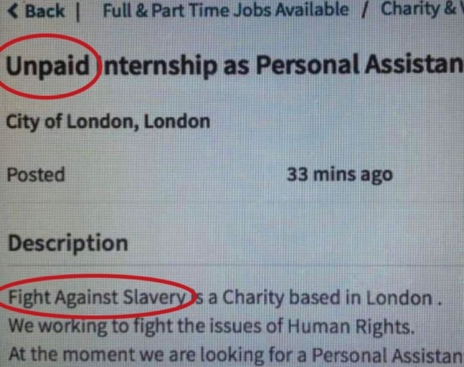Unpaid internship is modern day slavery meme