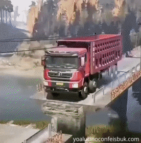 truck passes broken bridge in china mad driving skills
